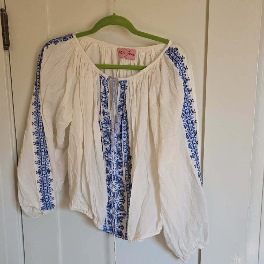 Miss June Paris White and Blue Bohemian Blouse
